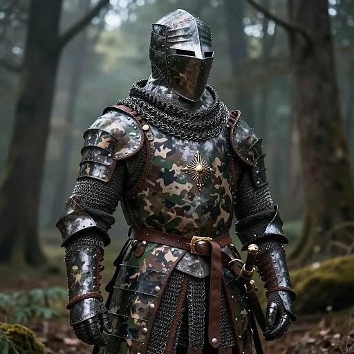 Photograph of a medieval knight in shiny, patterned armor with chainmail, standing in a misty, dense forest. Armor features camo-like