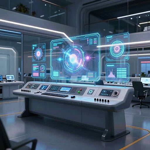 Futuristic Control Console with Holographic AI Displays