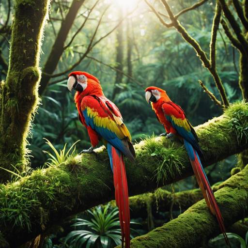 Scarlet Macaws Perched on Mossy Branch in Forest