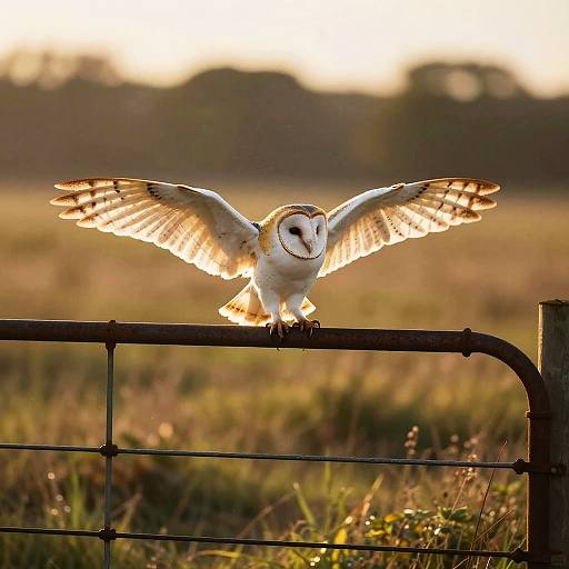 Photograph of a barn owl with wings spread, perched on a metal fence at sunset, glowing against a blurred grassy field.