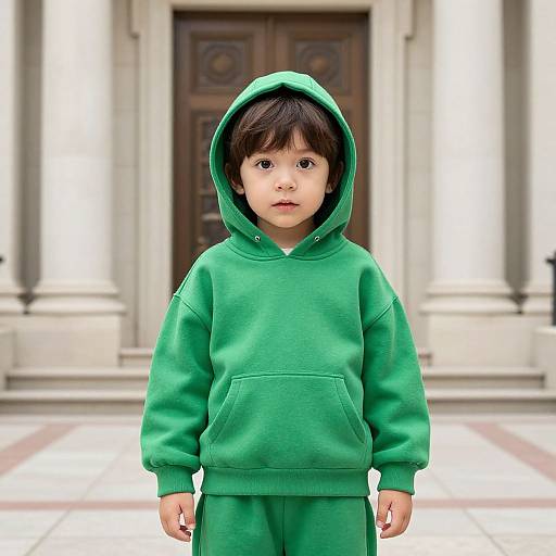 Curious Child in Green Hooded Outfit