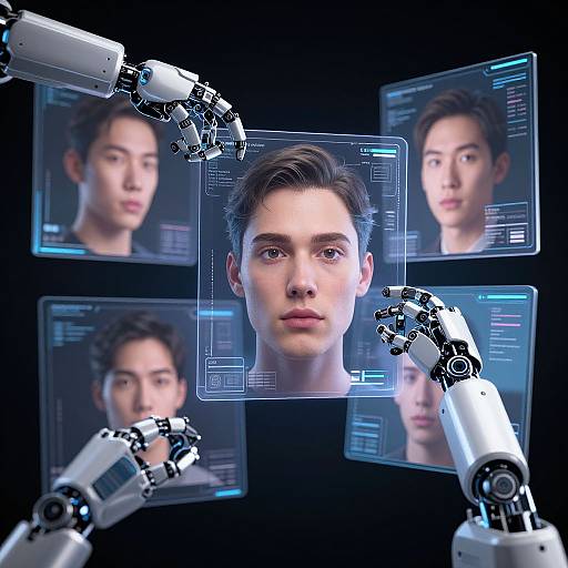 Digital art of a young man with brown hair, surrounded by four robotic arms displaying his face on holographic screens.