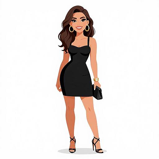 Digital illustration of a smiling woman with long brown hair, wearing a black sleeveless dress, high heels, hoop earrings, and a bracelet, holding a