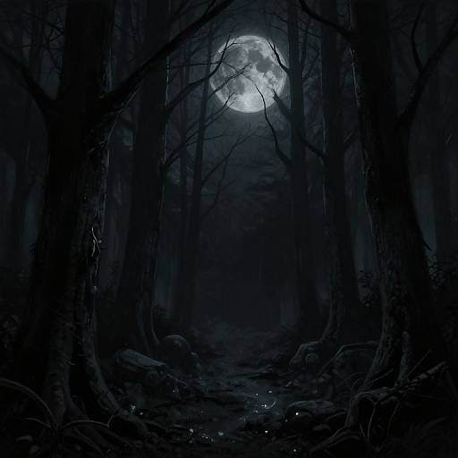 Dark, eerie forest path illuminated by a full moon, casting shadows from tall, leafless trees, and a glowing, luminous sky. Digital artwork