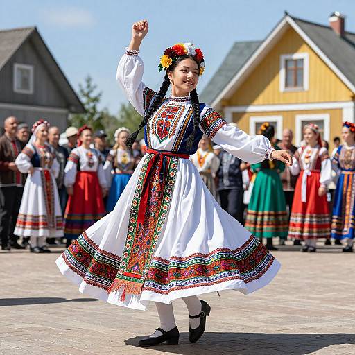 Photograph of a smiling woman in traditional Eastern European folk dress with colorful embroidery, braided hair, and flower crown, dancing outdoors in front of a