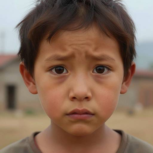 Close-up photograph of a young boy with short, dark brown hair, large brown eyes, and a concerned expression, wearing a green shirt, with a