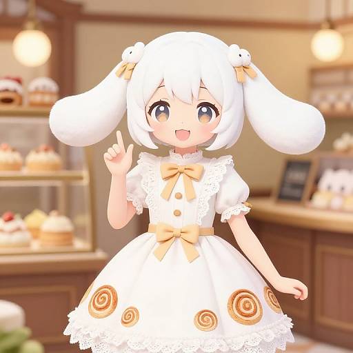 Cute anime-style girl with white fluffy hair, bunny ears, and a white dress with swirl patterns, waving in a cozy bakery.