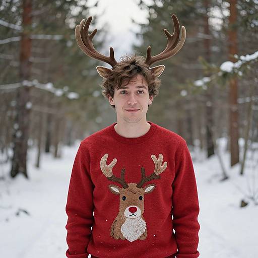 Photograph of a young man with curly brown hair, wearing a red sweater with a reindeer face, standing in a snowy forest, with antlers