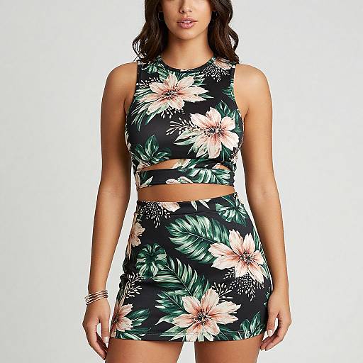 Photograph of a woman with long dark hair wearing a black floral crop top and matching skirt, showcasing pink hibiscus flowers and green leaves,