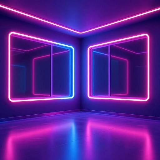 Photograph of a neon-lit room corner with pink and blue glowing outlines on mirrored walls, casting vibrant reflections on the glossy floor.