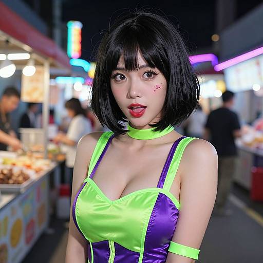 Digital anime-style photograph of a cute, fair-skinned woman with black bob hair, red lips, and glowing eye makeup, wearing a neon green and