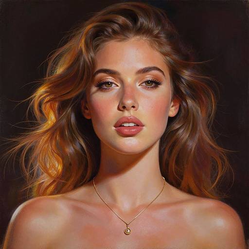 Digital portrait of a beautiful woman with wavy, brown hair, glowing skin, and subtle makeup. She wears a delicate gold necklace against a dark background
