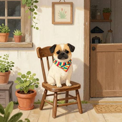 Digital illustration of a pug with a colorful bandana, sitting on a wooden chair, surrounded by potted plants, a framed picture, and a