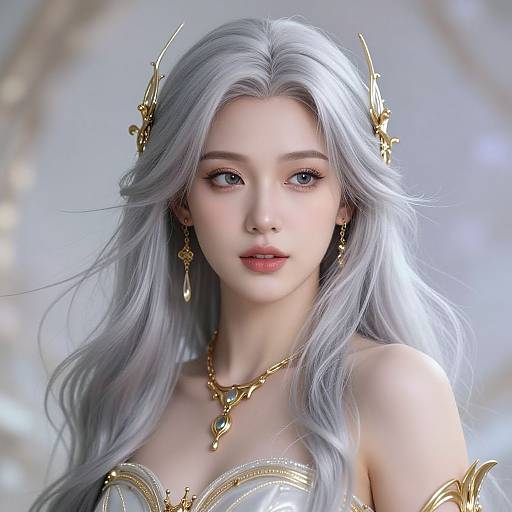 Digital art of a beautiful, pale-skinned, silver-haired woman with blue eyes, wearing gold headpieces, earrings, and necklace, in an orn