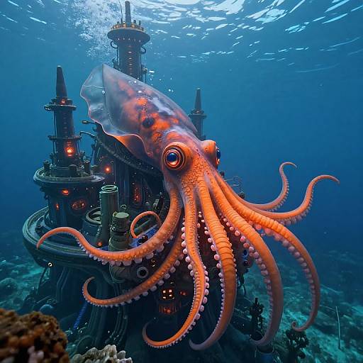 Photograph of a vibrant orange octopus with translucent skin and curled tentacles, swimming near a futuristic, underwater, steampunk-style tower.