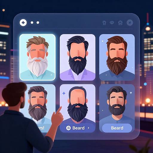 Digital illustration of a man interacting with a smartphone app displaying six bearded male profiles, set against a city night background.