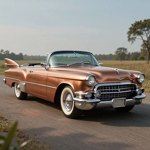 Photograph of a shiny, copper-colored, classic 1950s convertible with chrome accents, driving on a rural road with a clear blue sky and