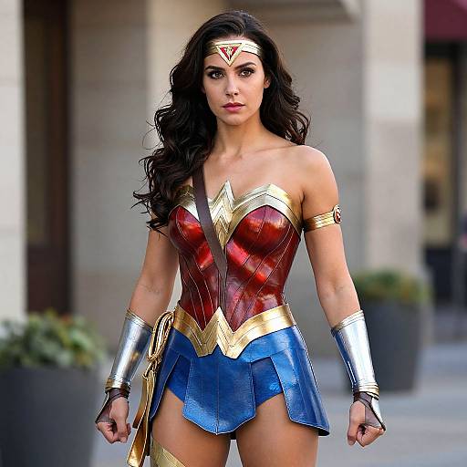 Photograph of a woman with long black hair, wearing Wonder Woman's red and blue costume with gold accents, standing outdoors.