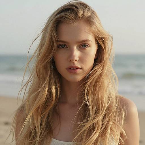 Photograph of a blonde, fair-skinned young woman with long, wavy hair and green eyes, standing on a sunlit beach with the ocean