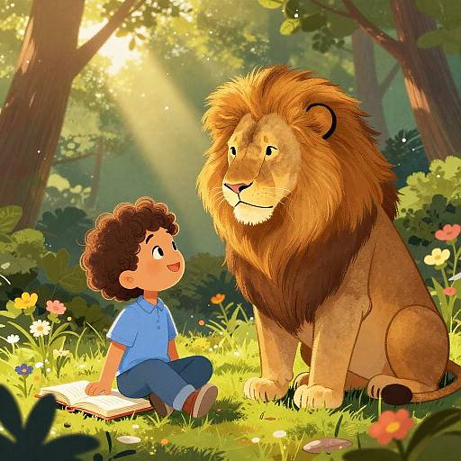 Cartoon-style image of a curly-haired boy in a blue shirt sitting on grass, smiling at a majestic lion in a sunlit forest.