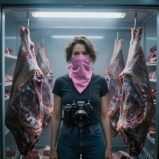 Moody Low-Angle Woman in Meat Freezer