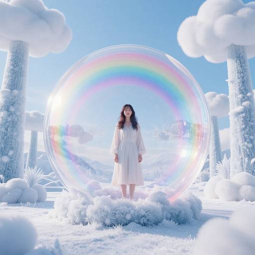 Photograph of a smiling woman in a white dress standing in a snowy, cloud-filled landscape with a bright rainbow circle behind her.