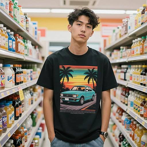 Young Man in Convenience Store Aisle