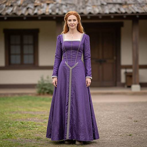 Photograph of a red-haired woman in a long, purple medieval-style dress standing in front of a rustic, timber-framed house.