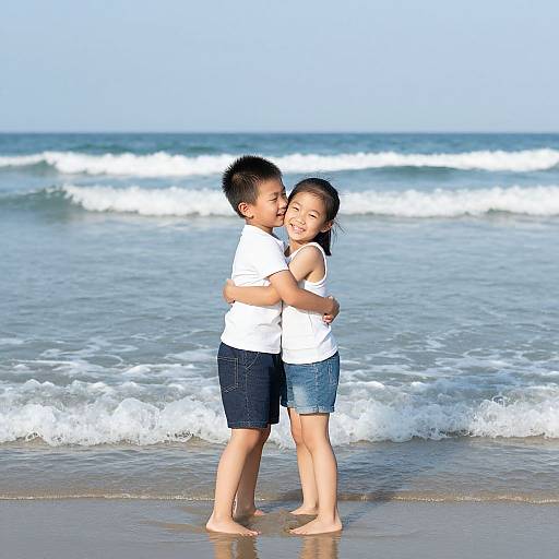 Photograph of an Asian boy and girl, both smiling, hugging at the beach with waves in the background, wearing white shirts and denim shorts,
