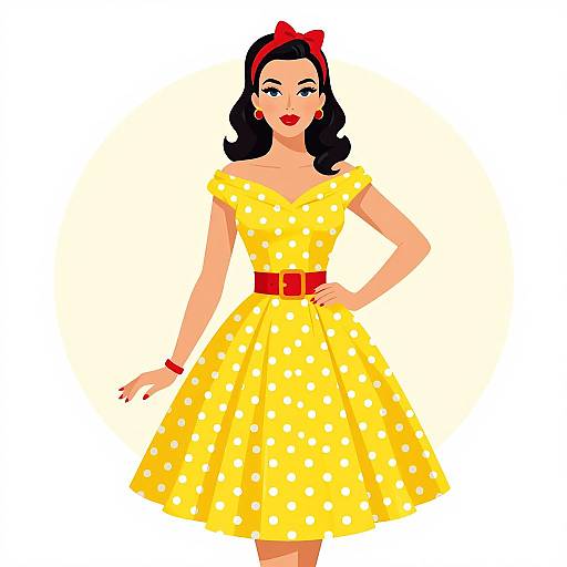 Digital illustration of a vintage-style woman with black hair, red bow, yellow polka dot dress, red belt, and red lipstick.
