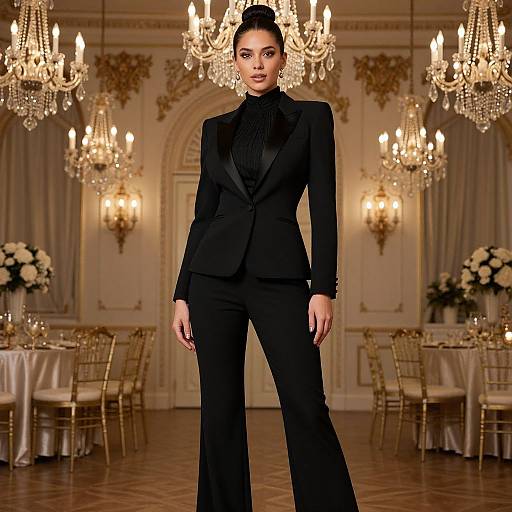 Photograph of a tall, elegant woman with dark hair in an updo, wearing a black tuxedo, standing in an opulent ballroom
