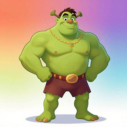 Cartoon green ogre with muscular build, dark brown shorts, gold necklace, and belt with large circular pendant, smiling against rainbow gradient background.