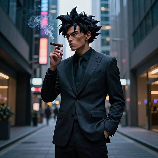Digital art: Stylish Asian man with spiky black hair, smoking cigar, in black suit, standing on urban street at dusk. Neon lights blur