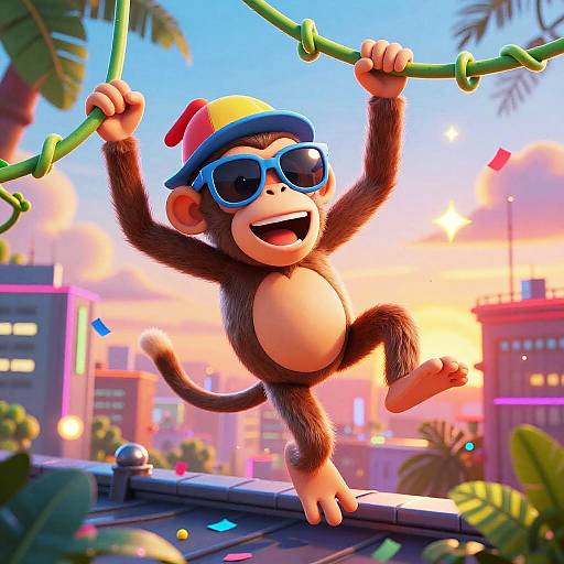 Goofy Monkey Swinging Neon Jungle
