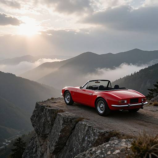 Red Convertible on Mountain Cliff