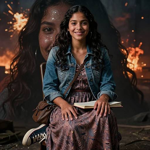 Photograph of smiling young woman with long curly hair, wearing denim jacket and patterned dress, holding books, against fiery background.