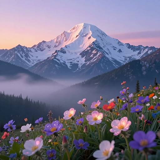 Photograph of a snow-capped mountain at sunrise, with vibrant wildflowers in the foreground, mist over a forested valley, and a clear,