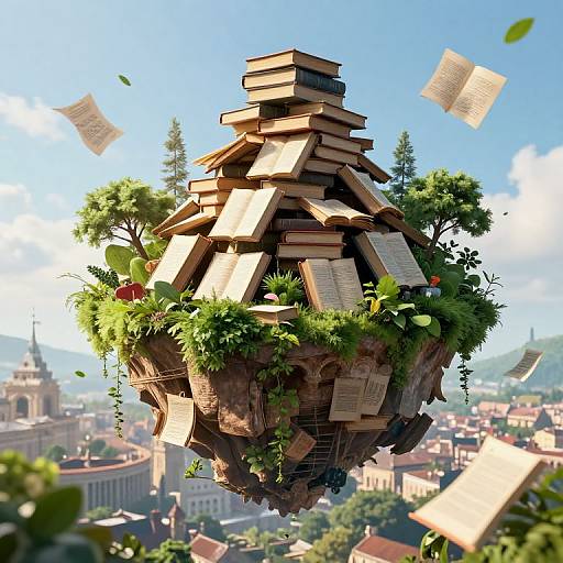 Digital illustration of a floating, book-stacked sphere with greenery, surrounded by flying papers, set against a vibrant, sunny cityscape.