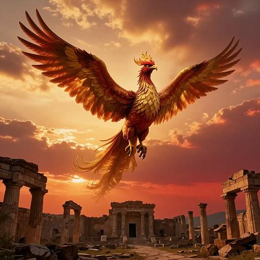 Photograph of a golden phoenix with outstretched wings soaring over ancient, ruined columns at sunset, with vibrant orange and red sky.
