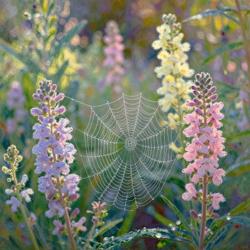 Photograph of a delicate spiderweb between two pink and purple lupine flowers, set against a sunlit, blurred garden background.