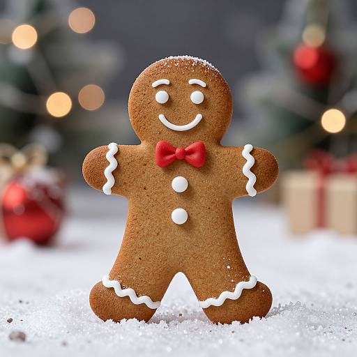 Photograph of a smiling gingerbread cookie with white icing, red bow, and snow, set against a blurred Christmas background with lights.