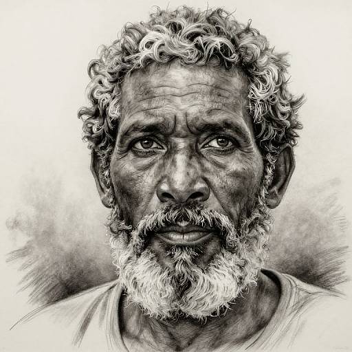Detailed black-and-white pencil drawing of a wrinkled, curly-haired, bearded older man with deep eyes, wearing a simple shirt, gazing thought