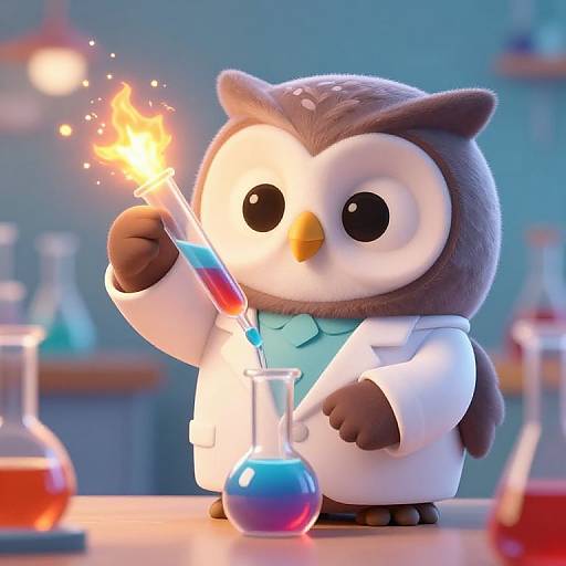 Cute, cartoon owl in a white lab coat holding a glowing test tube, mixing blue and red liquids on a laboratory counter. Digital art.