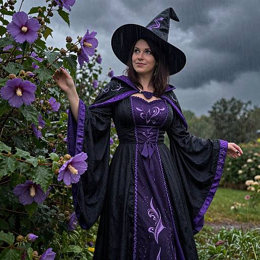 Photograph of a fair-skinned woman in a black witch dress and hat, standing amidst purple flowers under a cloudy, rainy sky.