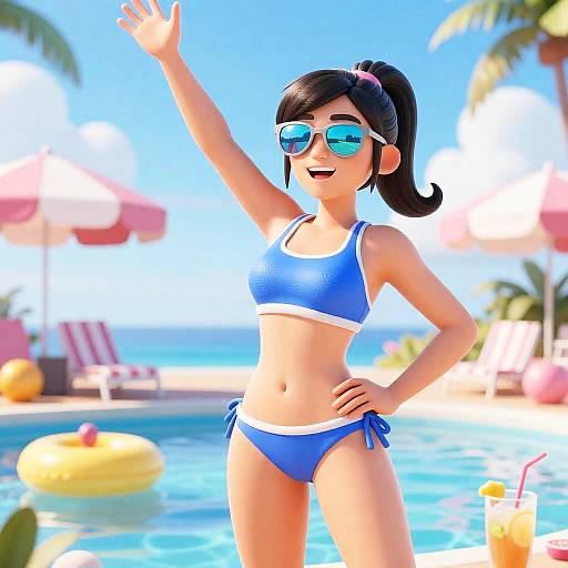 3D Cartoon Woman at Pool Party