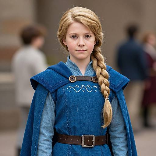 Photograph of a young blonde girl with a braid, wearing a blue medieval-style dress and cloak, standing in a blurred street scene with people in