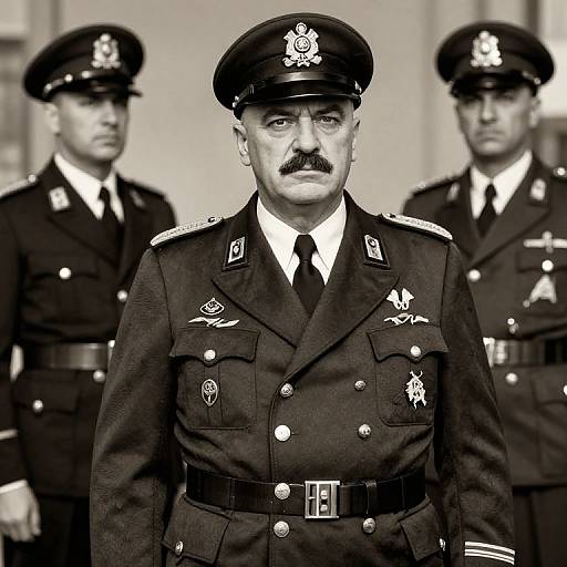 Black-and-white photograph of three male police officers in uniform, with one officer in the foreground, mustache, serious expression, badges, and two blurred