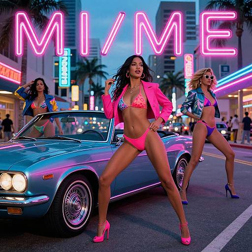 Photograph of two women in neon pink bikinis and matching jackets, posing confidently in front of a neon-lit, blue classic convertible in a vibrant