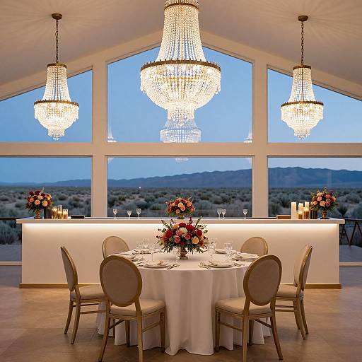 Elegant dining room photograph: Round table with white cloth, four beige chairs, crystal chandeliers, floral centerpieces, candles, large window view