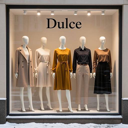 Photograph of a Duce clothing store window display featuring five white mannequins in various autumn outfits, including coats, dresses, and long sleeves